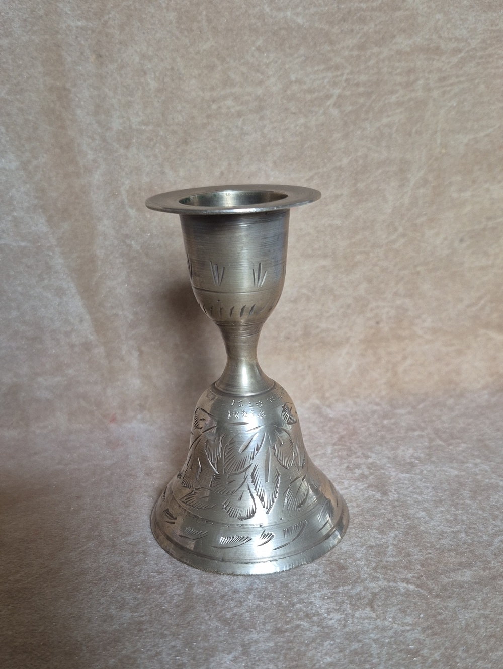 Brass Candle Holder & Bell with hand etched design -